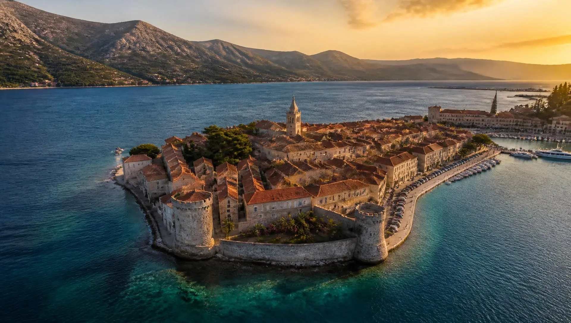 Aerial view of Korčula old town and the Adriatic sea at golden hour
